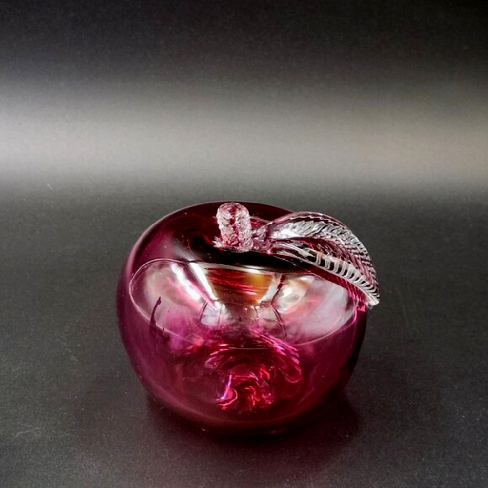 Canadian Artglass Cranberry Glass Red Apple w Applied Leaf and Stem